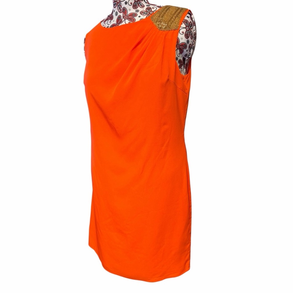 Ellen Tracy Orange Sleeveless Beaded Shoulder Assymetrical Cowl Dress Size 12